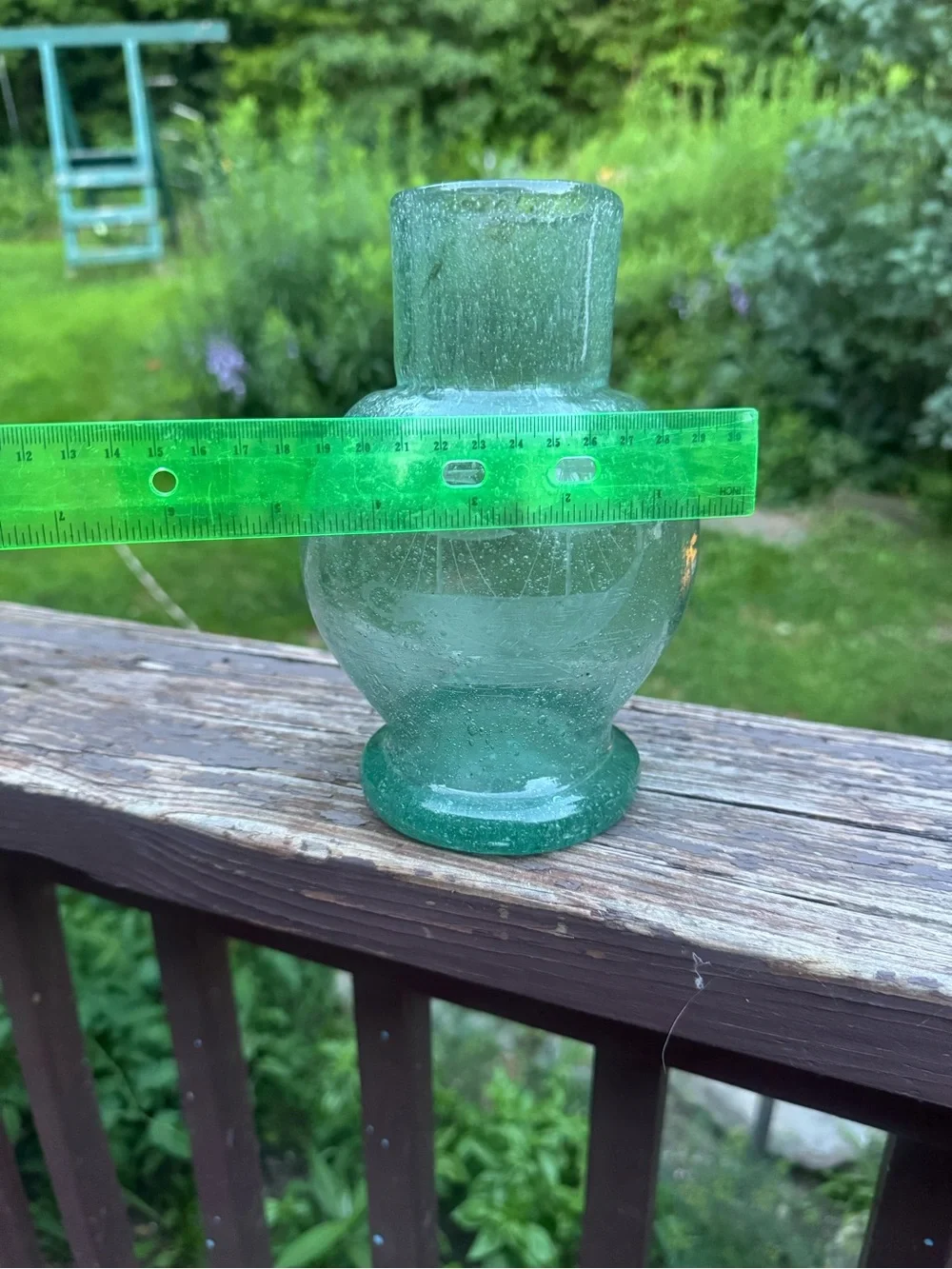 Aqua bubble glass handblown vase with boat etching very rare HTF EUC
